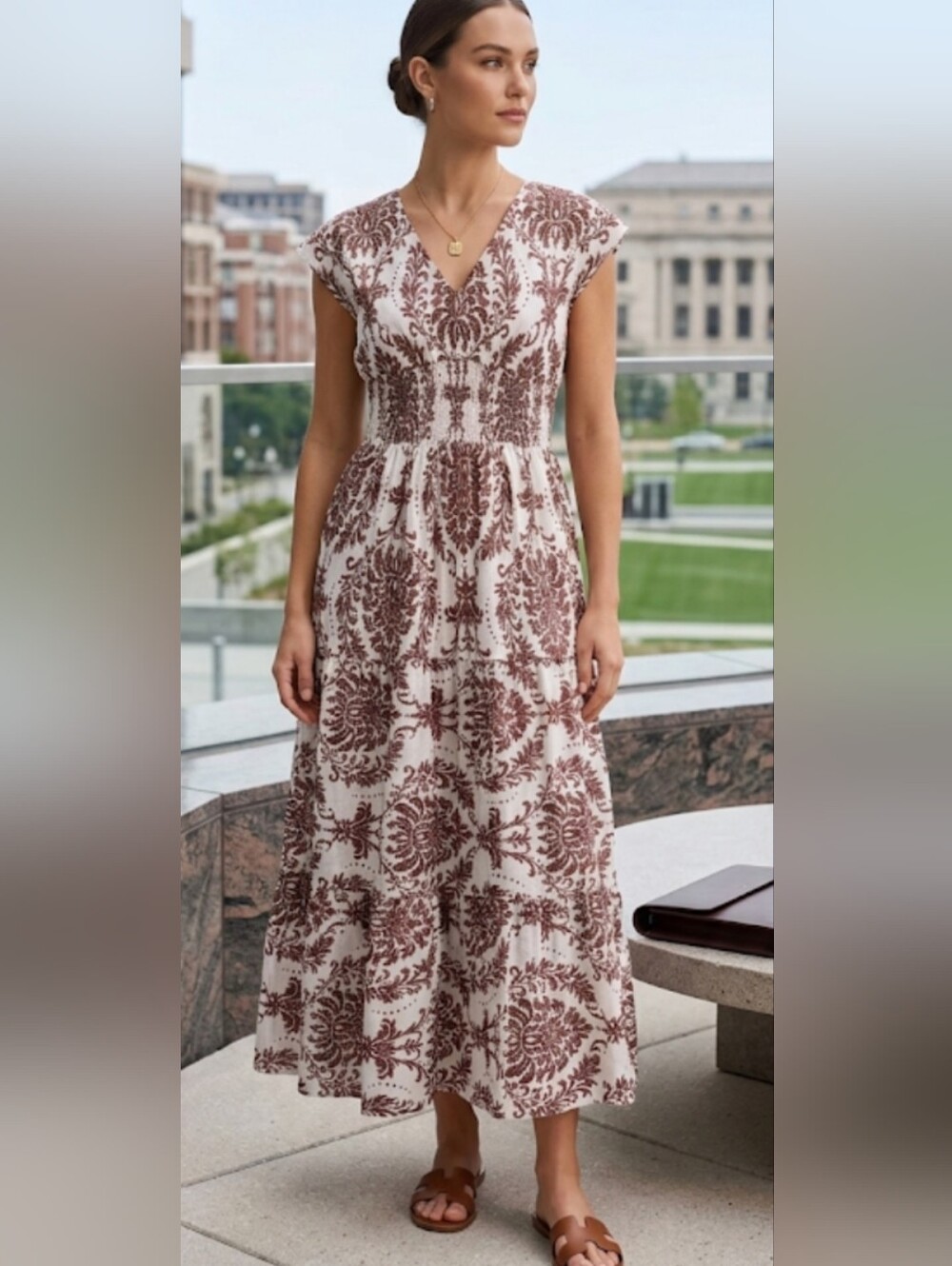 Elegant White and Brown Printed Maxi Dress #117